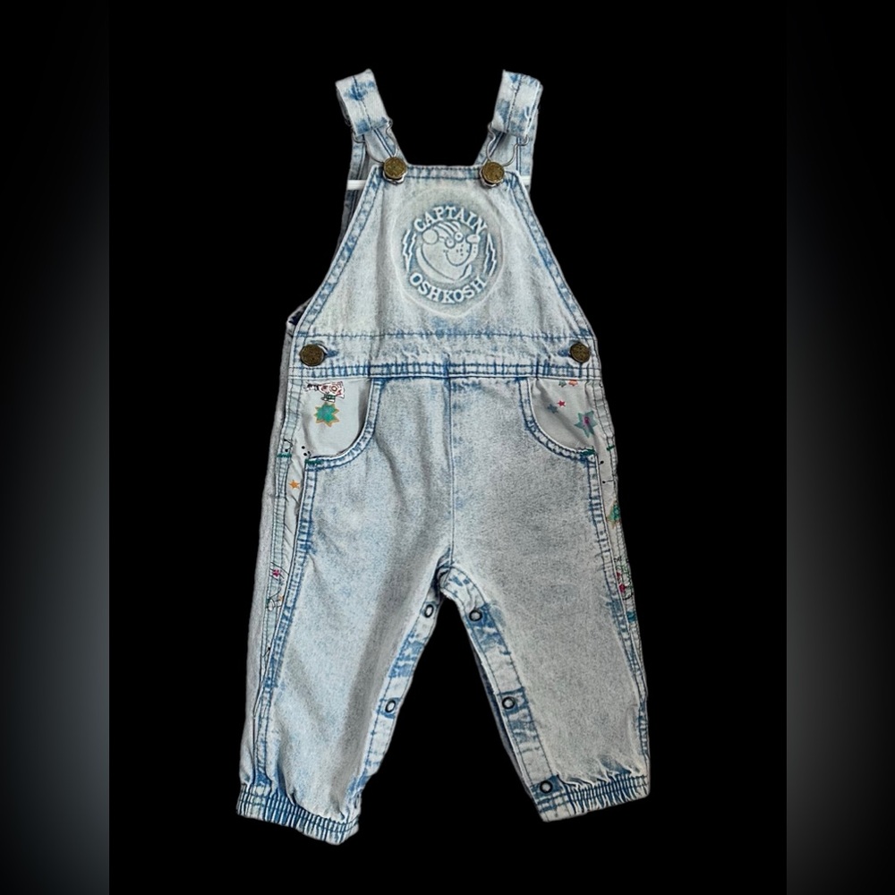 Vintage OshKosh Vespak Denim Overalls Acid Stone Wash Size 12 Months “Captain”